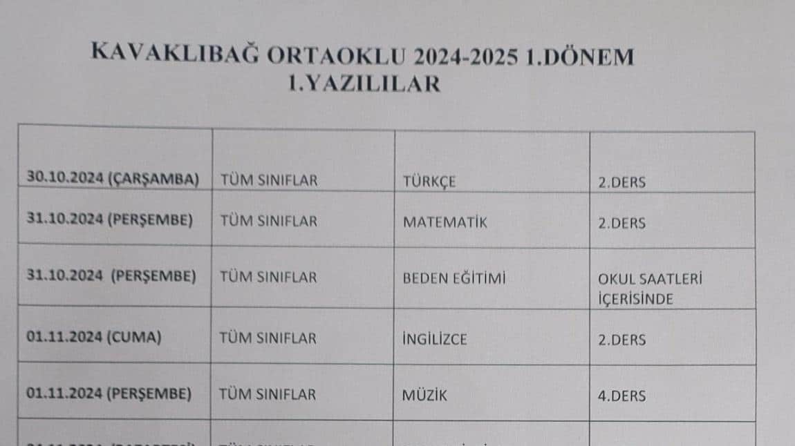 2024-2025 Eğitim Öğretim Yılı 1. Dönem 1. Ortak Sınav Tarihleri